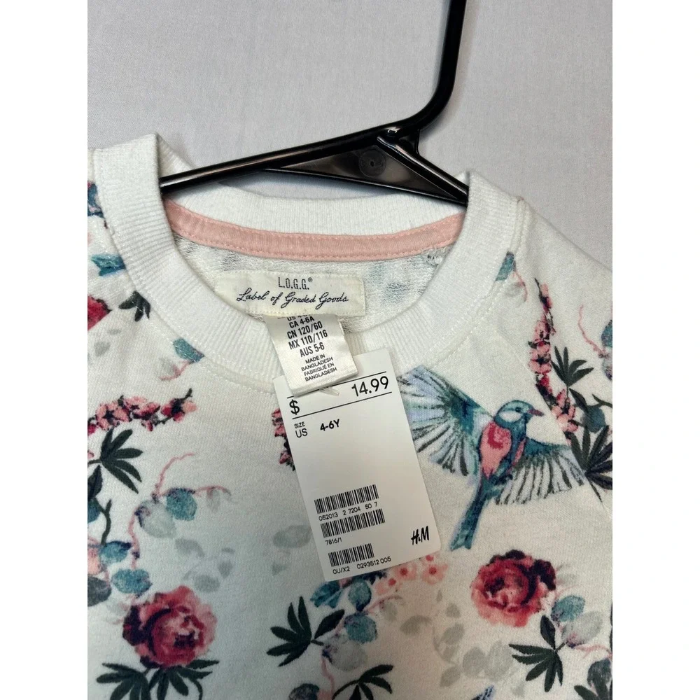 H&M LOGG Girls White Floral Bird Sweatshirt Dress Long Sleeve Size 4-6Y NWT